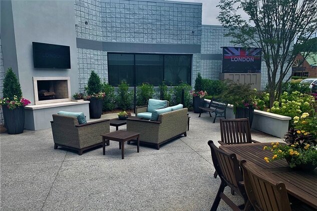 Public area with furniture and outdoor speakers